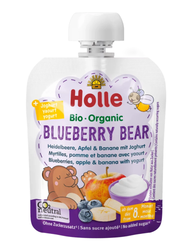 MUS W TUBCE BORÓWKOWY MIŚ JOGURT - BORÓWKI - JABŁKO - BANAN BEZ DODATKU CUKRÓW OD 8 MIESIĄCA BIO 85 g - HOLLE